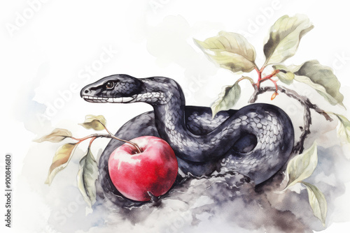 Black Snake with Red Apple Watercolor Illustration Isolated on White Background photo