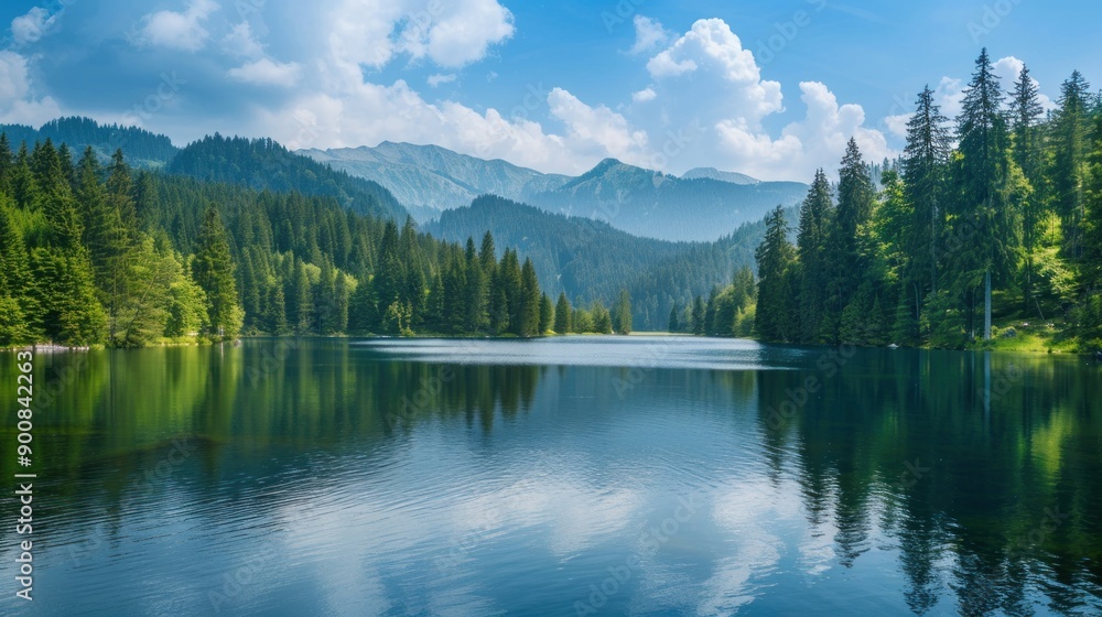 Beautiful landscape view of green summer forest with spruce and pine trees mountain Beautiful landscape view of green summer forest with spruce and pine trees mountain