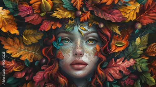 Wallpaper Mural Autumn goddess close-up. Colorful leaves background Torontodigital.ca