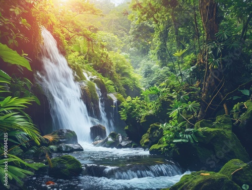 Serene Waterfall in Lush Tropical Rainforest © maretaarining