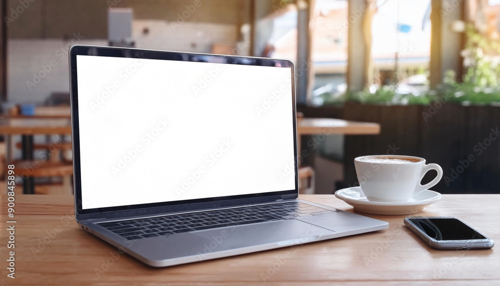 Mockup of Laptop with Blank Screen on Wooden Table, Coffee, and Smartphone in Café Mockup of Laptop with Blank Screen on Wooden Table, Coffee, and Smartphone in Café