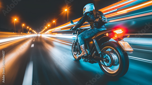 A motorcyclist cruises down a brightly lit highway at night, surrounded by vibrant streaks of light from the motion of passing vehicles - Generative AI