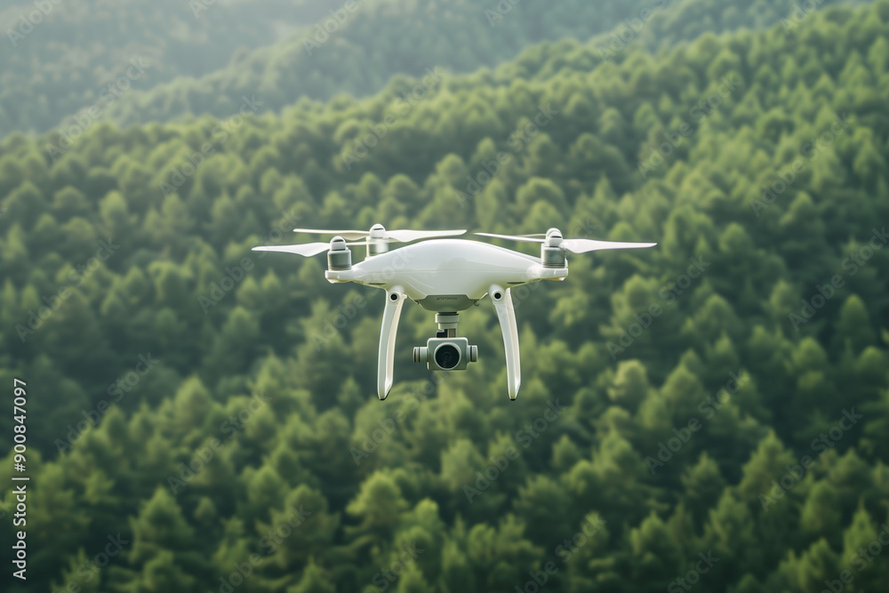 Drone hovering over lush green forest trees in summer. Aerial view of nature landscape, advanced camera technology, remote-controlled quadcopter, outdoor exploration Drone hovering over lush green forest trees in summer. Aerial view of nature landscape, advanced camera technology, remote-controlled quadcopter, outdoor exploration