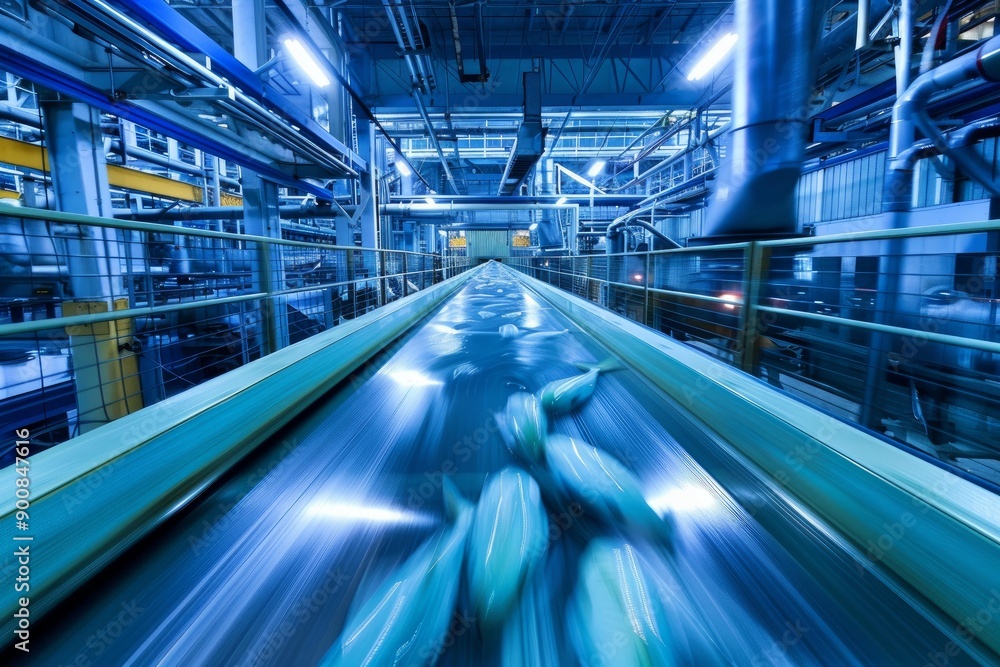 Motion blur of a conveyor belt moving products inside a modern manufacturing plant Motion blur of a conveyor belt moving products inside a modern manufacturing plant