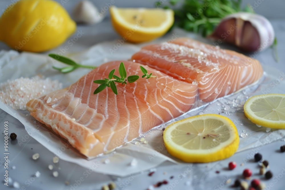 Ready to cook raw salmon fillets with lemon, garlic, and seasonings on a kitchen counter Ready to cook raw salmon fillets with lemon, garlic, and seasonings on a kitchen counter