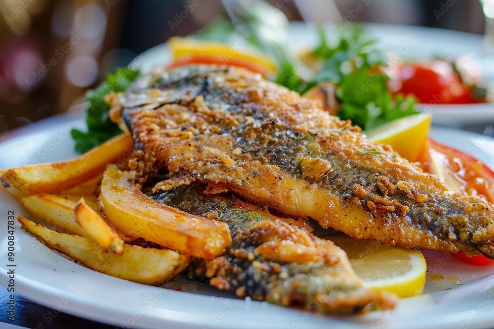 Close up of a seasoned grilled fish served with lemon slices and herb garnish Close up of a seasoned grilled fish served with lemon slices and herb garnish