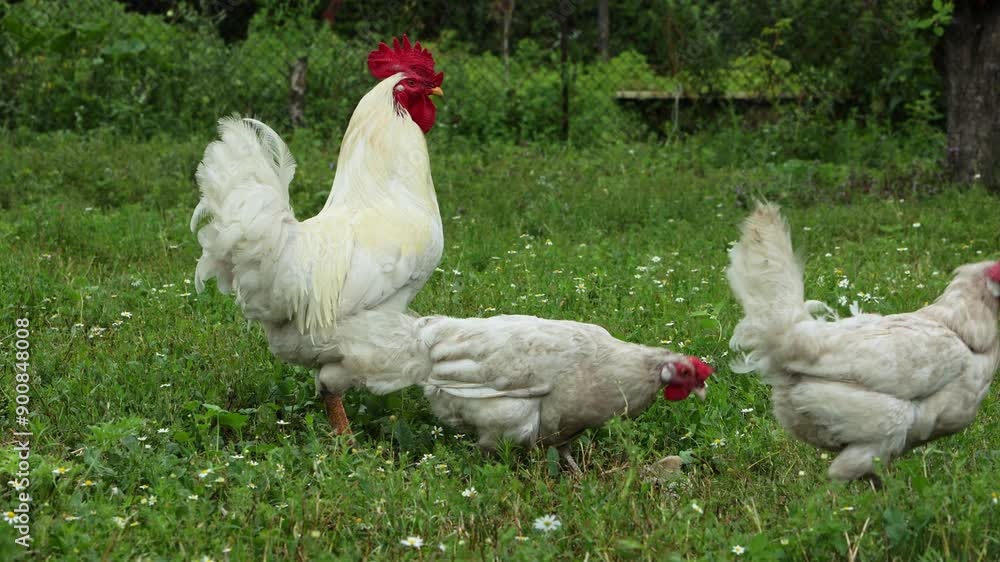 White rooster and hens walk on a green lawn in search of food White rooster and hens walk on a green lawn in search of food