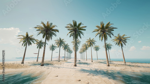 Tropical island with swaying coconut trees, pristine sandy beach, seashells, and small rocks. Calm, clear ocean with blue sky reflection, a small boat, and a hammock between trees..