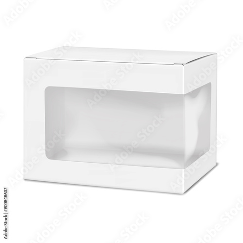 White blank paper box with clear plastic window. Realistic 3d vector mock-up. Windowed cardboard gift box. Mockup. Empty paperboard container packaging. Template for design