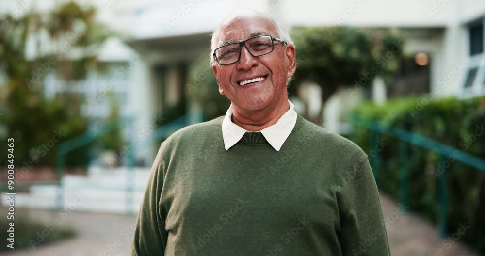Nursing home, happy and face of senior man in garden for fresh air, wellness and relaxing outdoors. Retirement, nature and portrait of elderly person with positivity, smile and joy for wellbeing Nursing home, happy and face of senior man in garden for fresh air, wellness and relaxing outdoors. Retirement, nature and portrait of elderly person with positivity, smile and joy for wellbeing