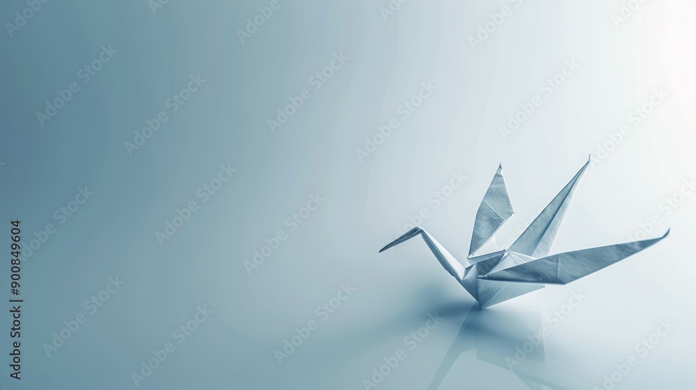 Minimalist photo of white origami crane on reflective surface Minimalist photo of white origami crane on reflective surface