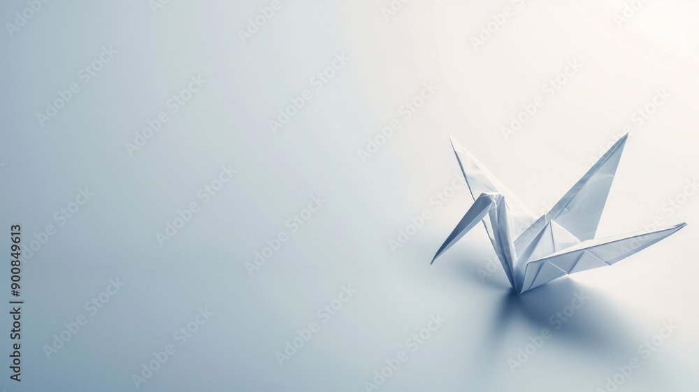 Minimalistic photo of white paper origami crane on light background Minimalistic photo of white paper origami crane on light background