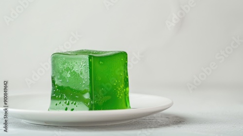 Green translucent gelatin cube on white plate