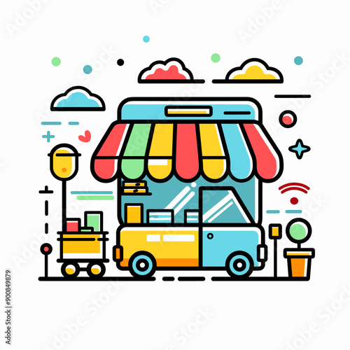 Street food truck with awning. Vector illustration in thin line style