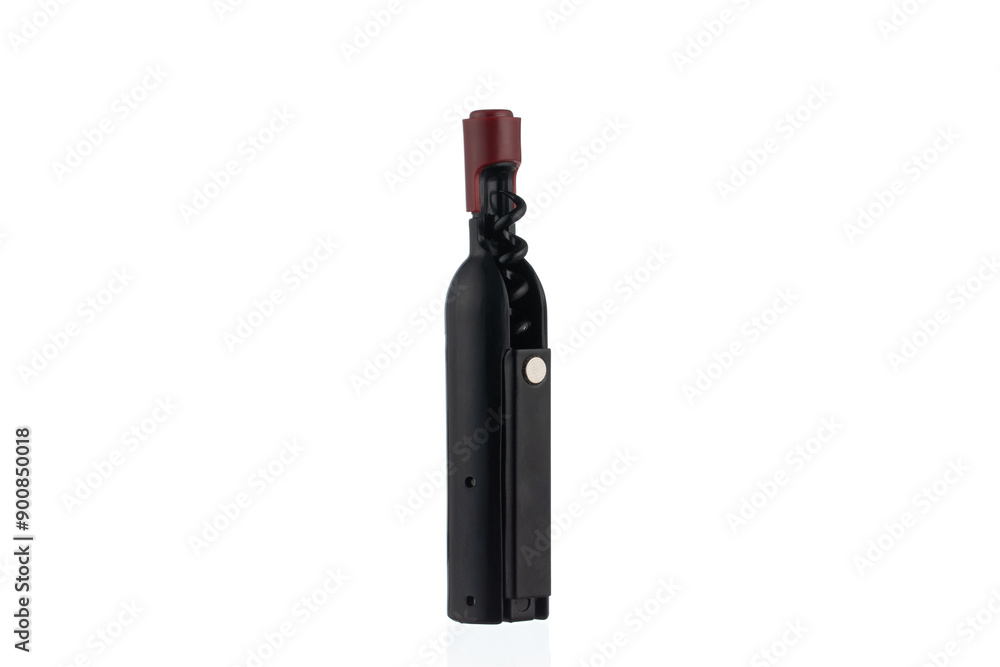 Modern black corkscrew and bottle opener with a sleek design, isolated on a white background. Elegant wine bottle-shaped corkscrew and opener combination. Modern black corkscrew and bottle opener with a sleek design, isolated on a white background. Elegant wine bottle-shaped corkscrew and opener combination.