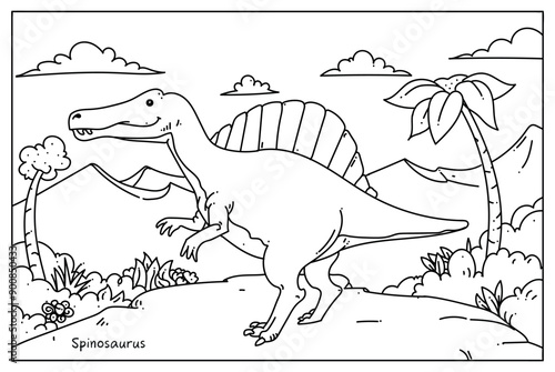 Coloring and activity page for kids. Black and white, fun, funny, cute dinosaur Spinosaurus illustration.