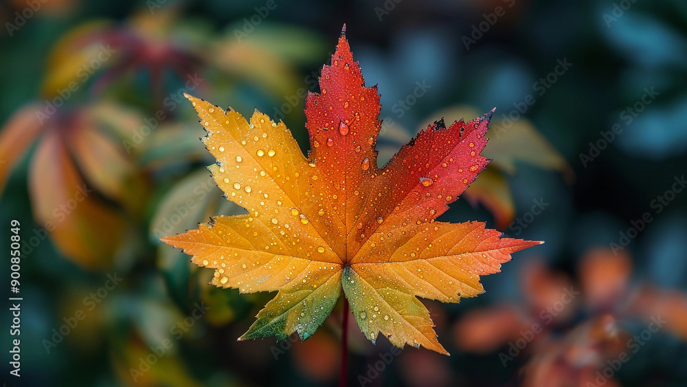 A Single Isolated Colorful Dew-Laden Leaf A Single Isolated Colorful Dew-Laden Leaf