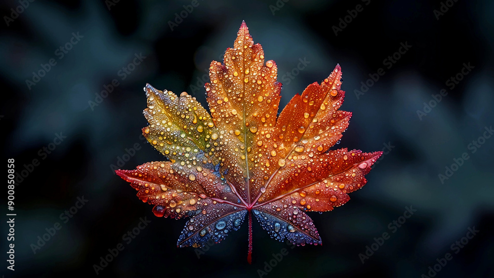 A Single Isolated Colorful Dew-Laden Leaf A Single Isolated Colorful Dew-Laden Leaf