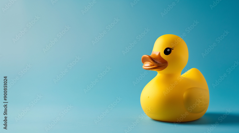 Yellow rubber duck toy on blue background, copy space. Yellow rubber duck toy on blue background, copy space.