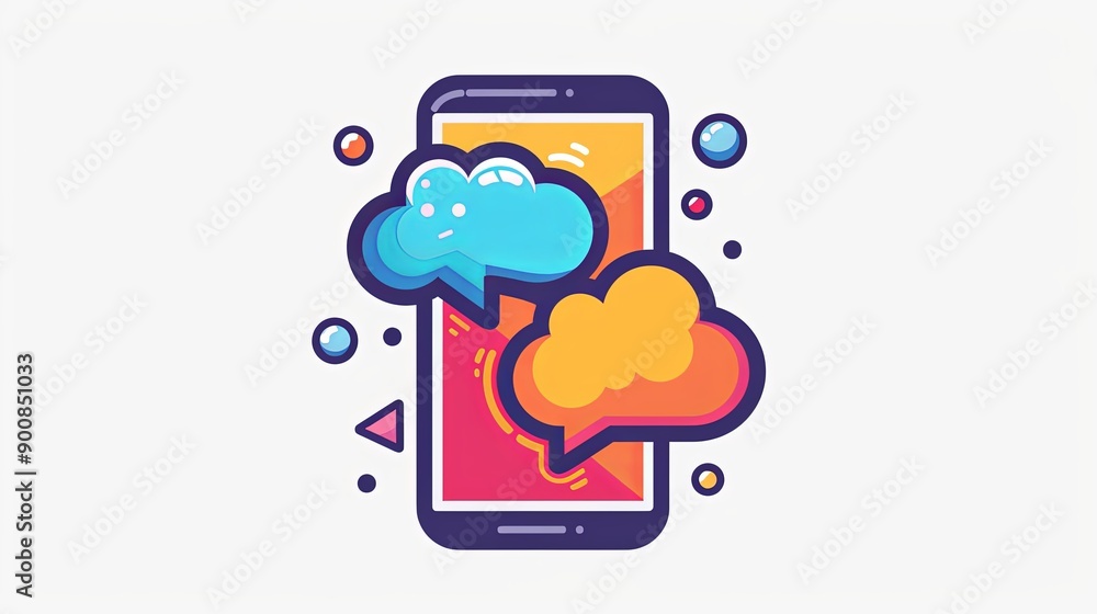 A phone with two clouds and a speech bubble on it A phone with two clouds and a speech bubble on it
