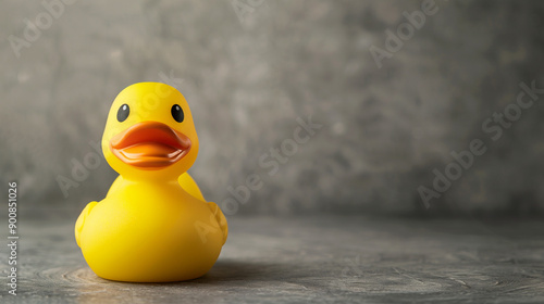 Yellow rubber duck toy on gray background, copy space. photo