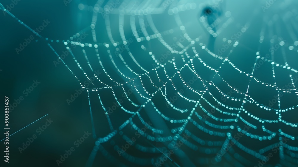 Spider web close up with dew drops on blue teal background. Spider web close up with dew drops on blue teal background.
