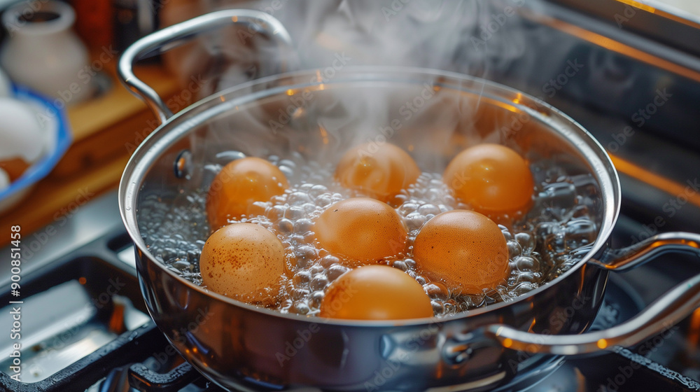Boiled eggs in a hot pan on the stove, healthy eating concept, egg dishes menu. Boiled eggs in a hot pan on the stove, healthy eating concept, egg dishes menu.