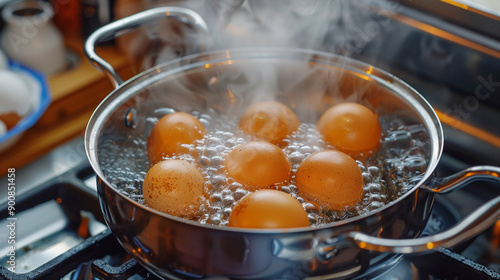 Boiled eggs in a hot pan on the stove, healthy eating concept, egg dishes menu. photo