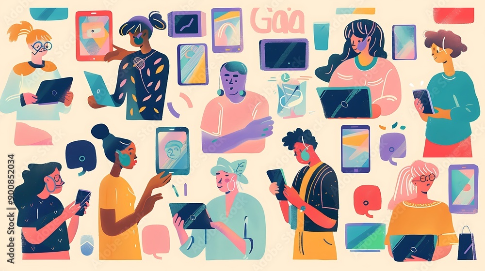 People using technological devices like smartphones, tablets, and computers in various contexts such as work, education, and entertainment People using technological devices like smartphones, tablets, and computers in various contexts such as work, education, and entertainment