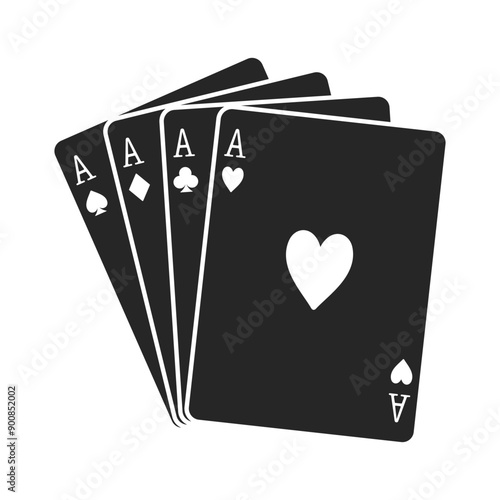 All four suits of aces playing cards including hearts, diamonds, clubs and spades fanned out in vector silhouette