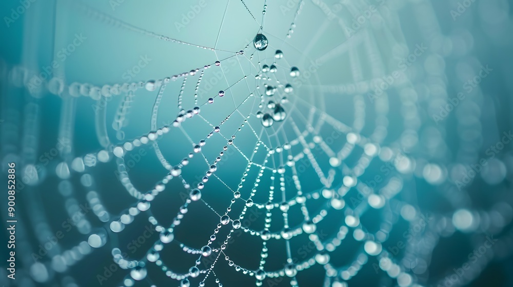 Naklejka premium Spider web close up with dew drops on blue teal background. 