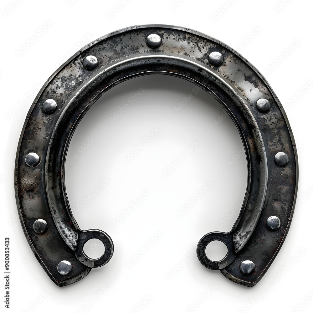 This image features a weathered iron horseshoe, showcasing traditional craftsmanship with its rivets and sturdy design. It serves as a timeless symbol of good luck and protection, reflecting rustic he This image features a weathered iron horseshoe, showcasing traditional craftsmanship with its rivets and sturdy design. It serves as a timeless symbol of good luck and protection, reflecting rustic he