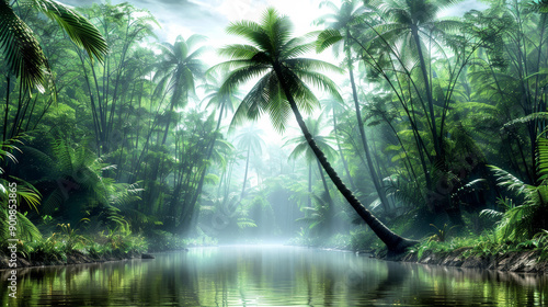 Coconut tree overhanging a clear, natural pool surrounded by lush greenery. Sunlight filters through leaves, creating dappled light on the water. Serene and inviting tropical escape..