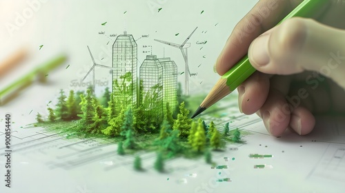 Businessman planning on environmental protection initiative for clean and sustainable future ecology, ESG environmental social governance display on paper chart on eco-friendly company