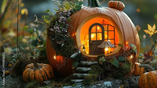 Whimsical autumn fairy house. Fairy house background photo