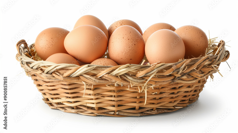 Front view of brown chicken eggs in stack in wicker basket isolated on white background. Front view of brown chicken eggs in stack in wicker basket isolated on white background.