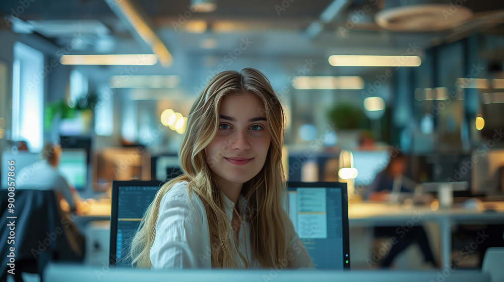 Fototapeta premium A young woman, an IT specialist, works in a modern office environment, smiling confidently as she sits at her desk with multiple computer monitors around her