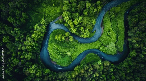 Aerial View of a Winding River in a Lush Forest