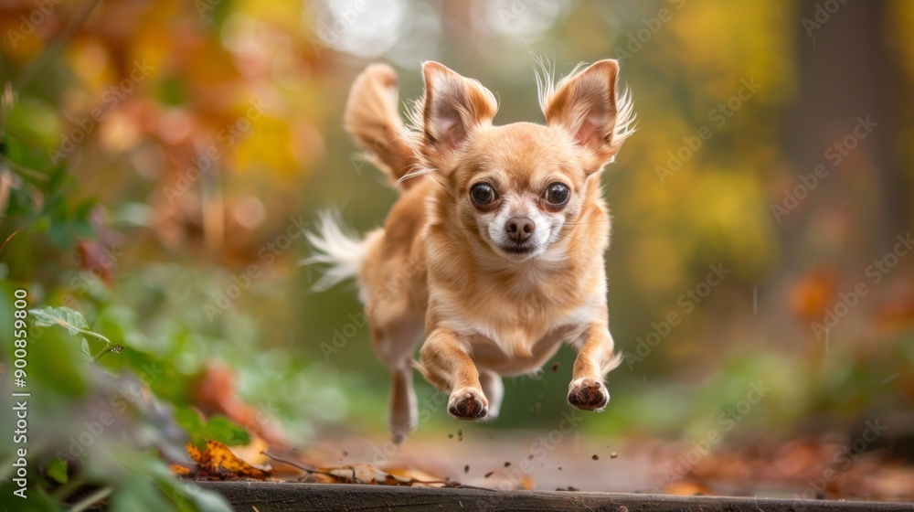 Chihuahua Puppy Jumping Off a Step with Alert Ears in a Garden. Concept of Small Dog, Pet Adventure, Canine Agility, Energetic Movement Chihuahua Puppy Jumping Off a Step with Alert Ears in a Garden. Concept of Small Dog, Pet Adventure, Canine Agility, Energetic Movement
