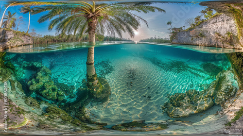 Coconut tree overhanging a clear, natural pool surrounded by lush greenery. Sunlight filters through leaves, creating dappled light on the water. Serene and inviting tropical escape..