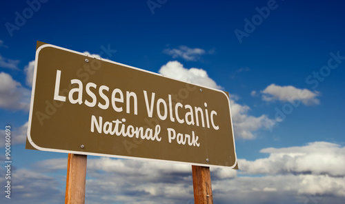 Lassen Volcanic National Park (California) Road Sign Against Blue Sky and Clouds.