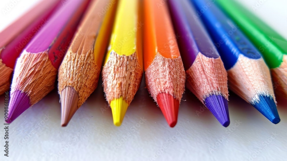Vibrant colored pencils aligned, close-up view of sharpened tips, ideal for art and education concepts. Vibrant colored pencils aligned, close-up view of sharpened tips, ideal for art and education concepts.
