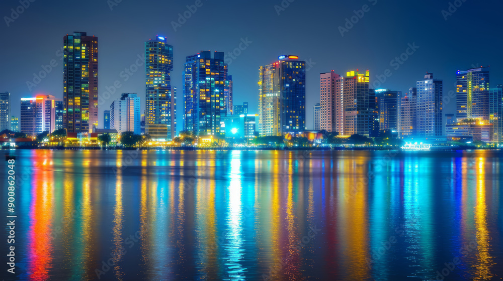 Obraz premium Twilight urban cityscape blurred lights and reflective surface crafting dreamy ambiance