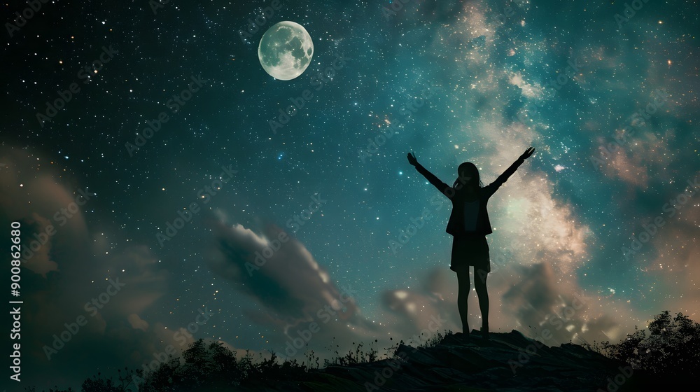 Silhouette of a woman standing in the night with the arms up, giant moon in the background. Silhouette of a woman standing in the night with the arms up, giant moon in the background.