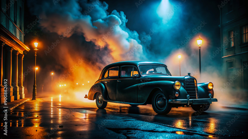 Classic Car on Rainy Street With Fog at Night. A vintage car drives on ...