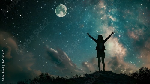 Wallpaper Mural Silhouette of a woman standing in the night with the arms up, giant moon in the background.  Torontodigital.ca