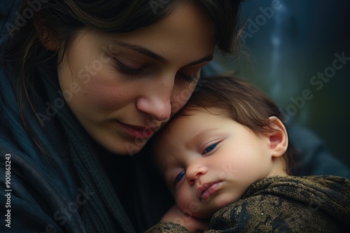 Unwavering devotion: mother's love, woman and her child in a tender embrace, profound bond through gentle caresses, reverent touch, nurturing hands that signify eternal affection