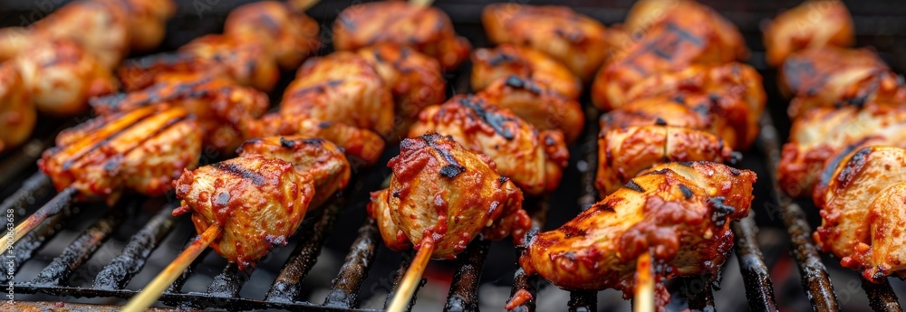 Grilled Chicken Skewers Cooking on a Barbecue Grill with Sizzling Char Marks. Concept of outdoor barbecue, grilled meat, chicken skewers, summer cookout. Wide Banner Grilled Chicken Skewers Cooking on a Barbecue Grill with Sizzling Char Marks. Concept of outdoor barbecue, grilled meat, chicken skewers, summer cookout. Wide Banner