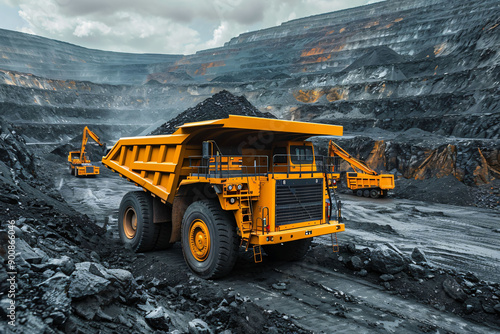 Open pit mine industry, big yellow mining truck for coal