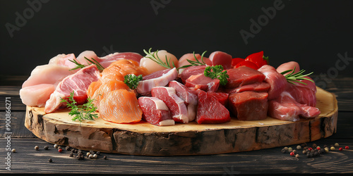 Fototapeta Naklejka Na Ścianę i Meble -  Variety of raw meats on rustic wooden board with herbs and spices